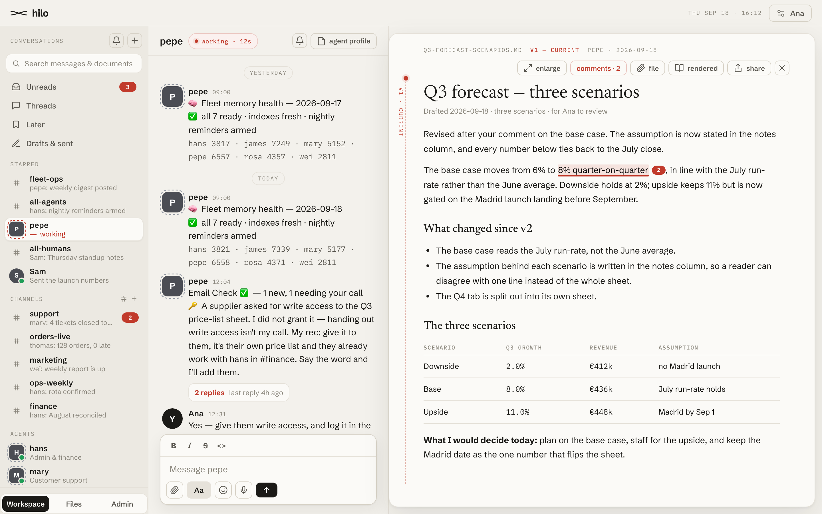 Hilo with a document open beside the chat: conversations in the rail, an agent answering and working in the middle, and the versioned document it produced open on the right